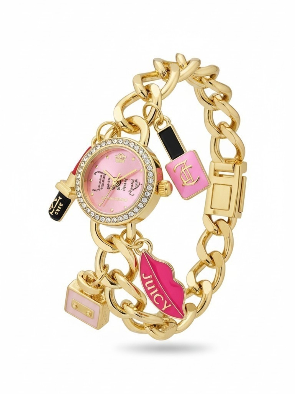Juicy Couture Gold-Tone Pink Charm Bracelet Watch with Enamel Accents